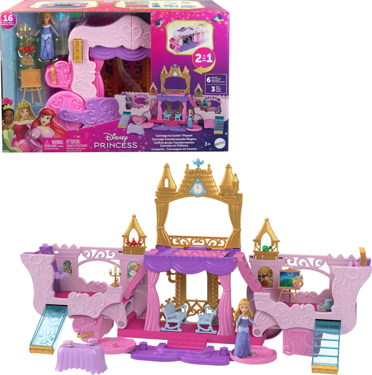 Mattel Disney Princess Carriage to Castle playset exterior with rolling wheels for imaginative travel