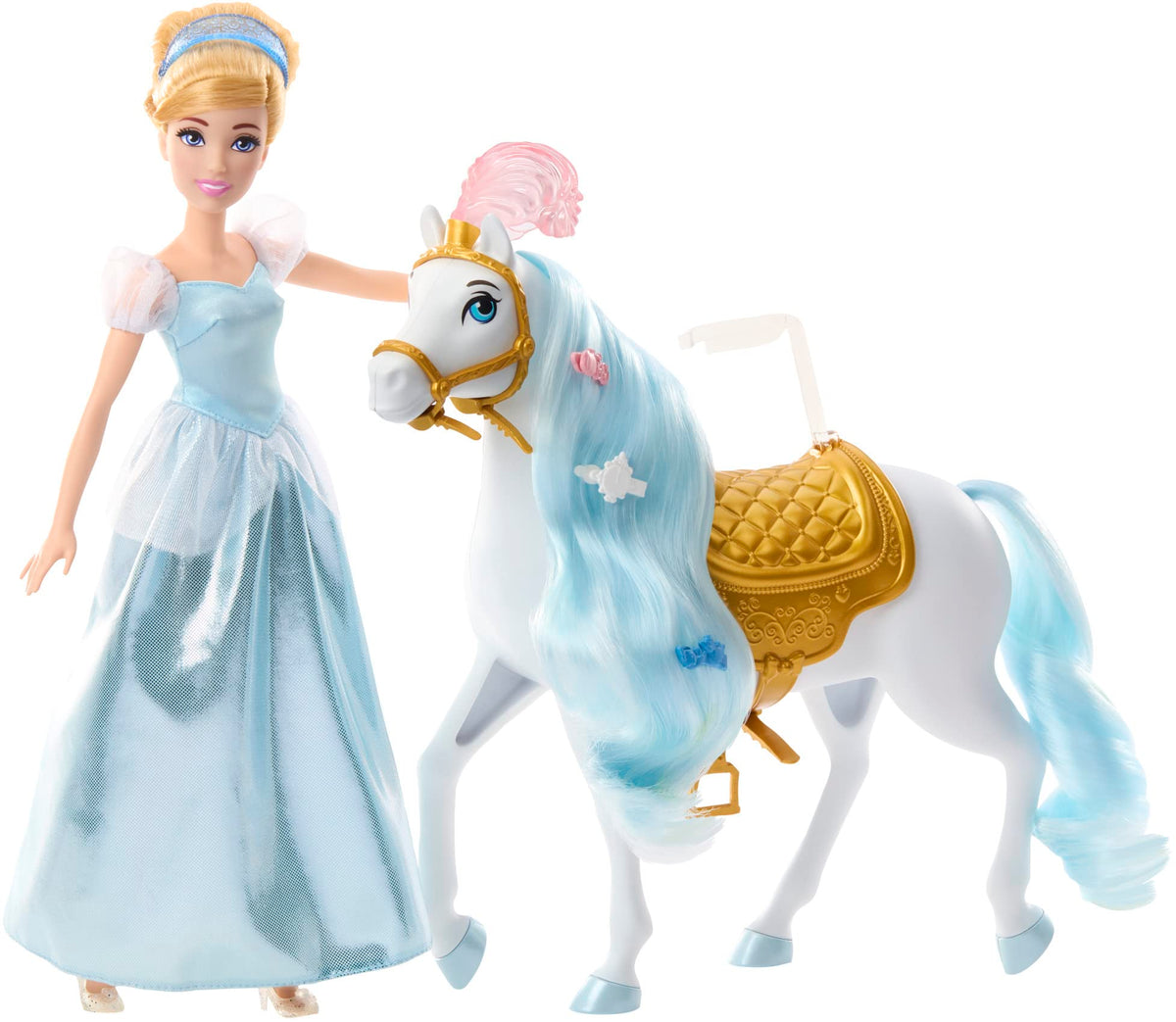 Mattel Cinderella doll in blue gown ready for imaginative ball moments.