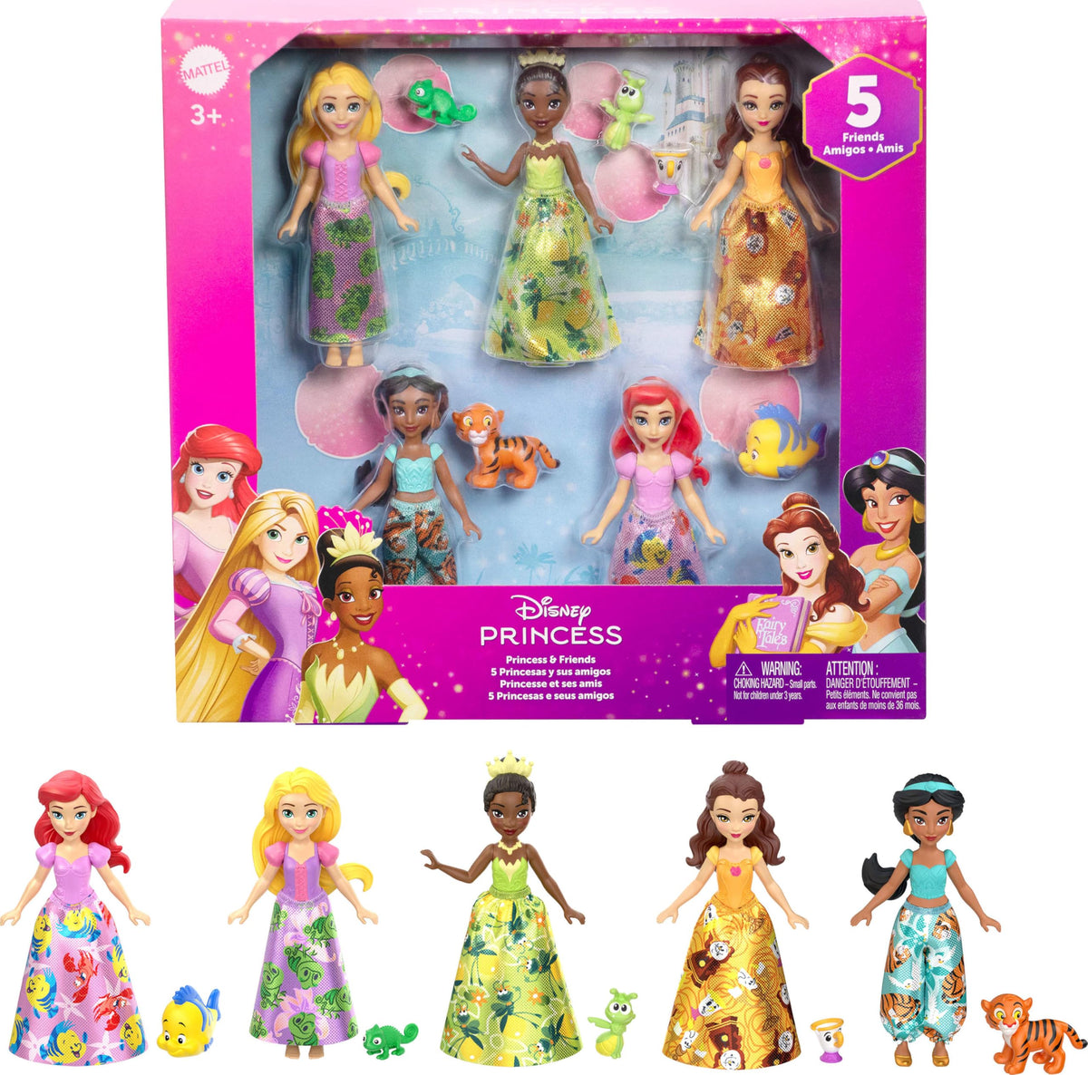 Mattel Disney Princess & Friends set with poseable dolls for imaginative storytelling.