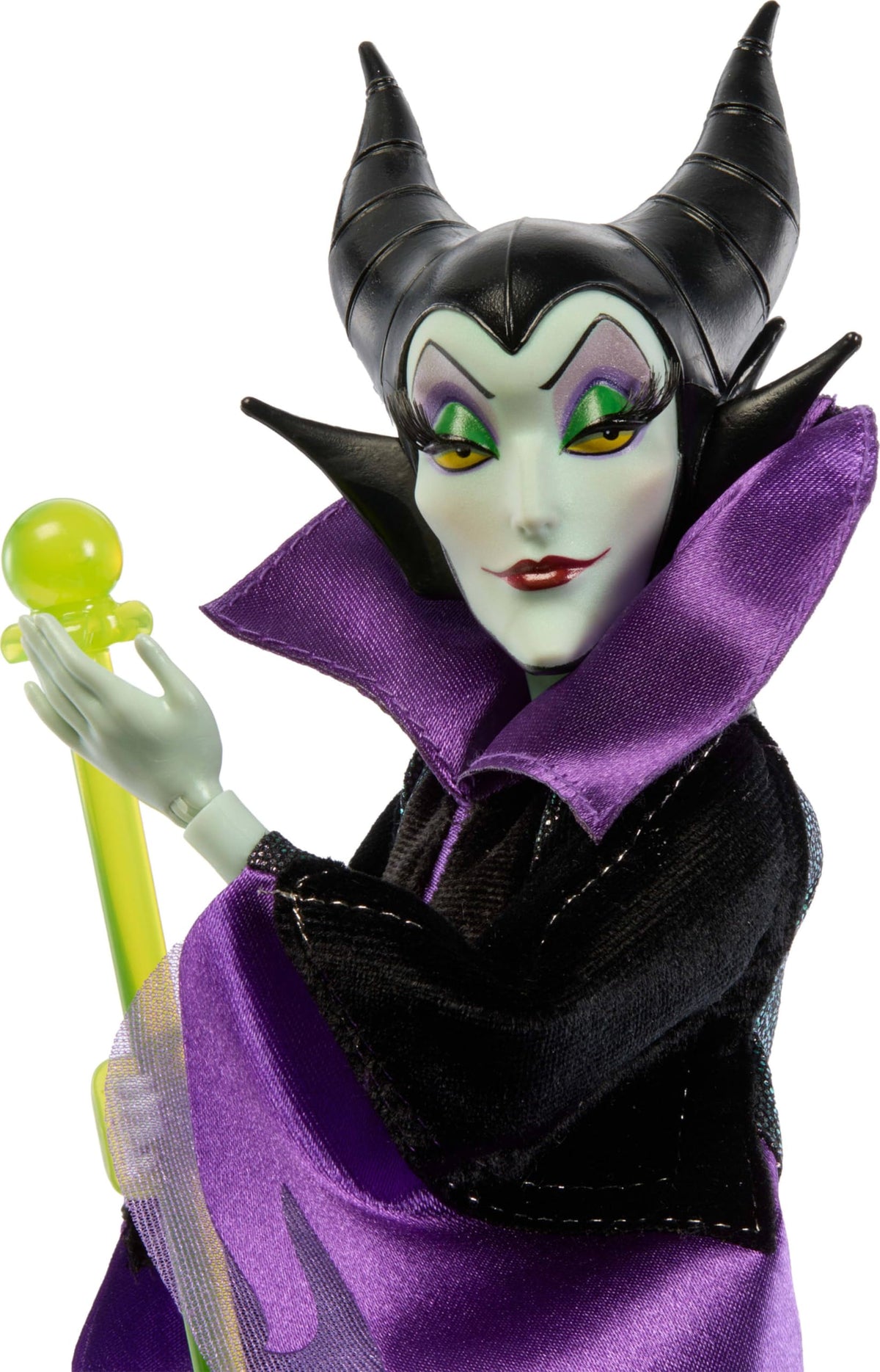 Maleficent headpiece, collar, and staff add authentic villainous flair.