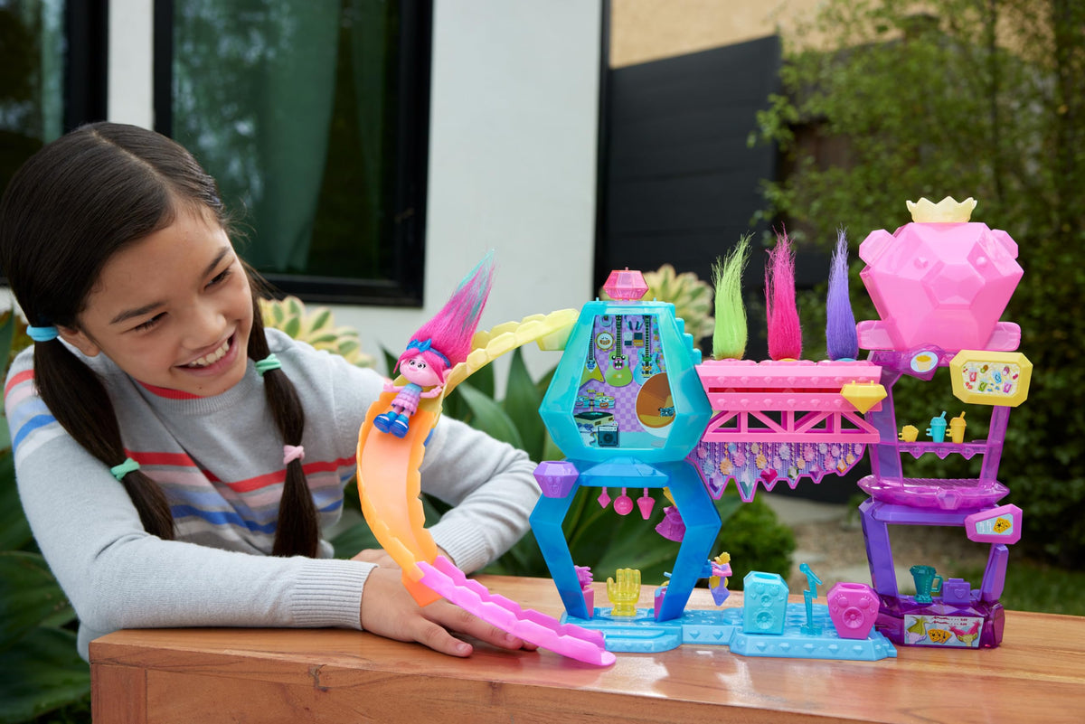Mattel DreamWorks Trolls Mount Rageous bridge launcher sends Hair Pops flying for quick, action-filled play