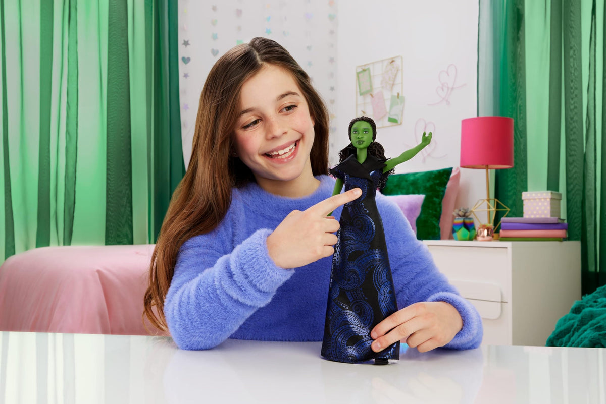 Mattel Elphaba doll with braided hair highlights iconic look for storytelling.