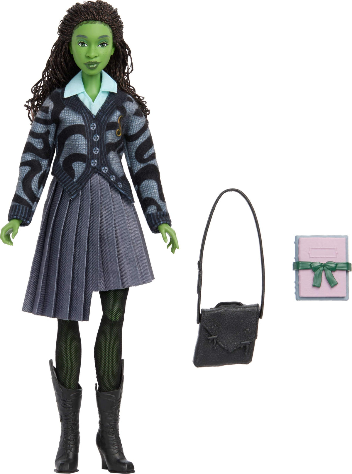 Mattel Elphaba school bag and Ozian textbook for classroom pretend play.