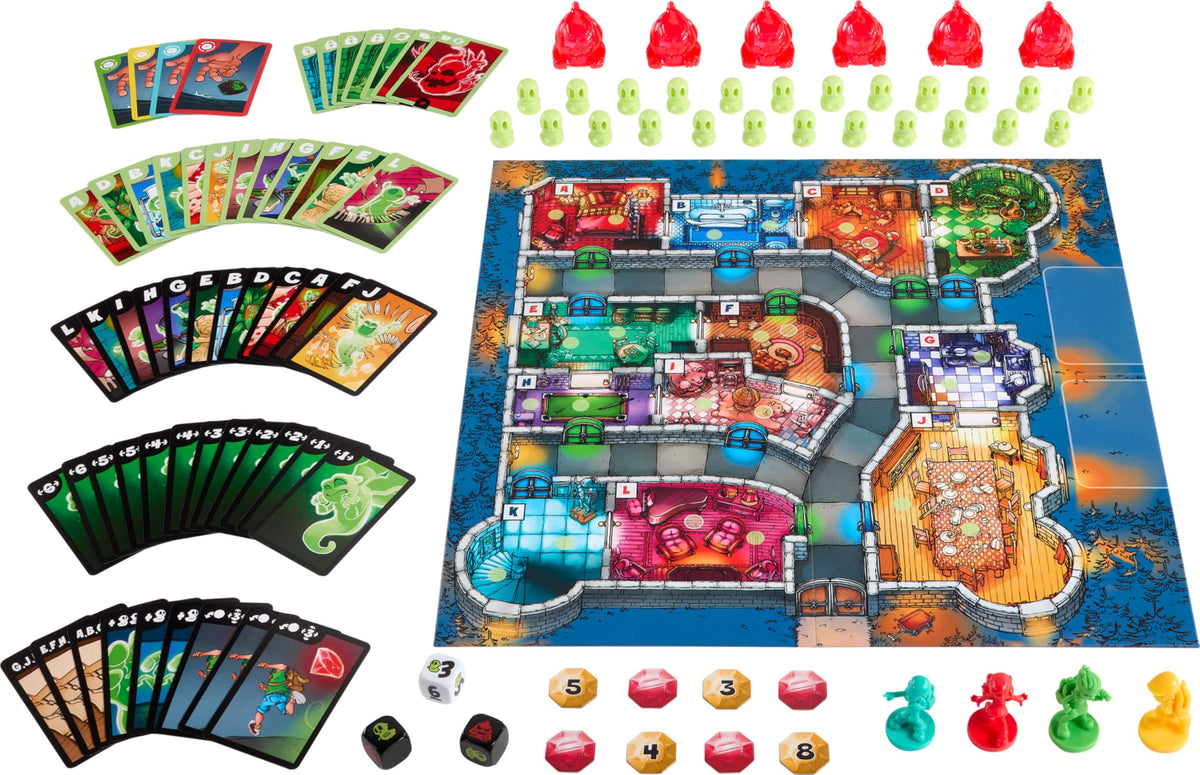 Mattel Games colorful game pieces and the haunted board create a lively family game night