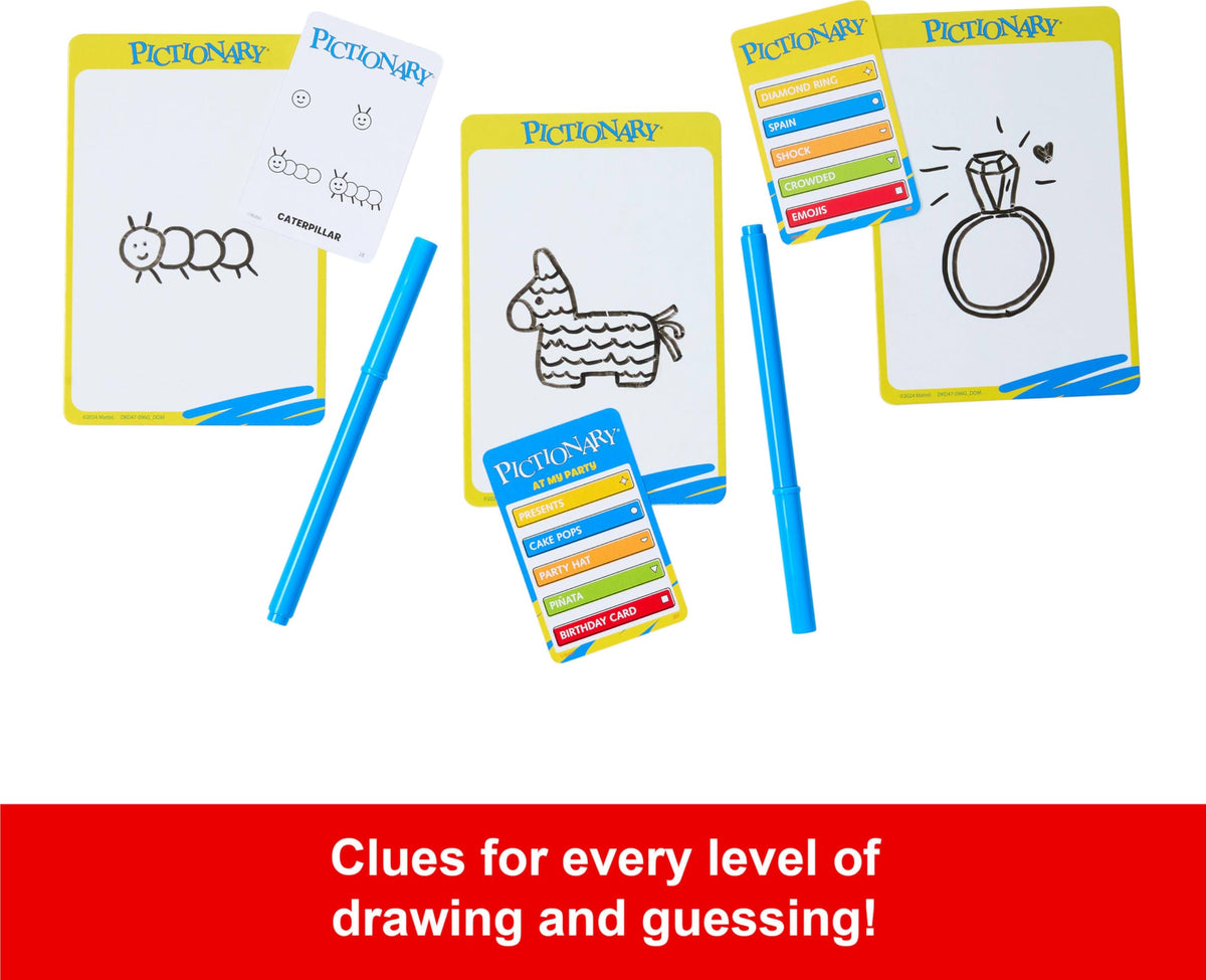 Mattel Games Pictionary three clue levels support players of all ages.