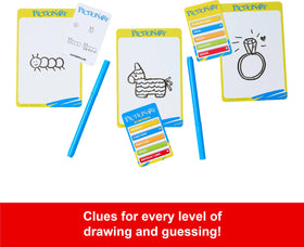 Mattel Games Pictionary three clue levels support players of all ages.
