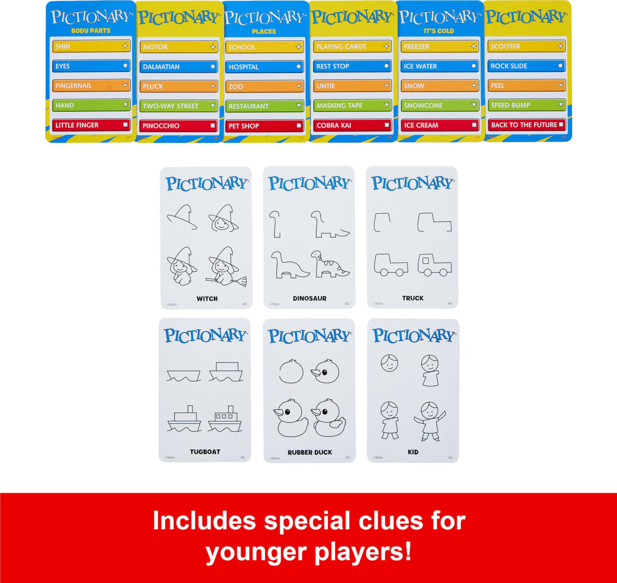 Mattel Games Pictionary Learn to Draw clues help younger players join the fun.