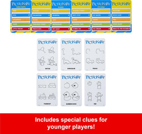 Mattel Games Pictionary Learn to Draw clues help younger players join the fun.