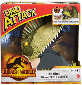 Mattel Games UNO Attack Jurassic World Dominion with the dinosaur head launcher for exciting family game nights