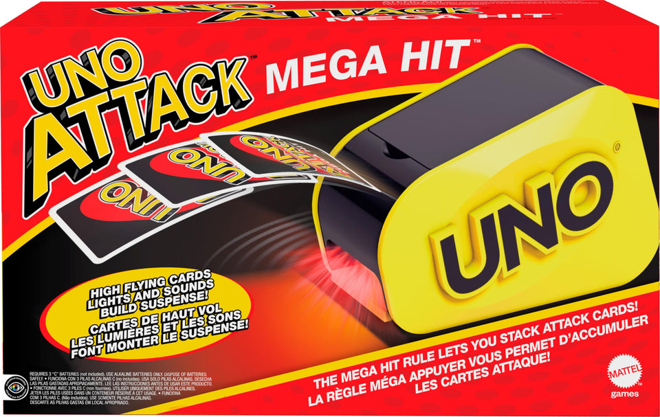 Mattel Games UNO Attack Mega Hit launcher front view with energizing lights