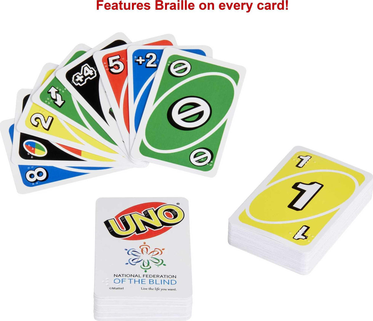 Mattel Games UNO Braille packaging with braille labeling for accessibility.