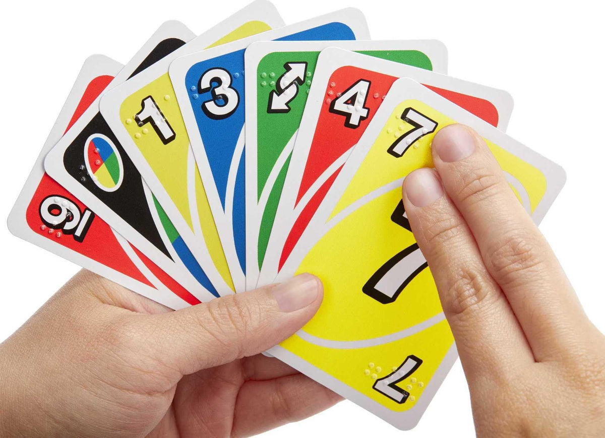 Mattel Games UNO Braille tabletop play for inclusive sessions.