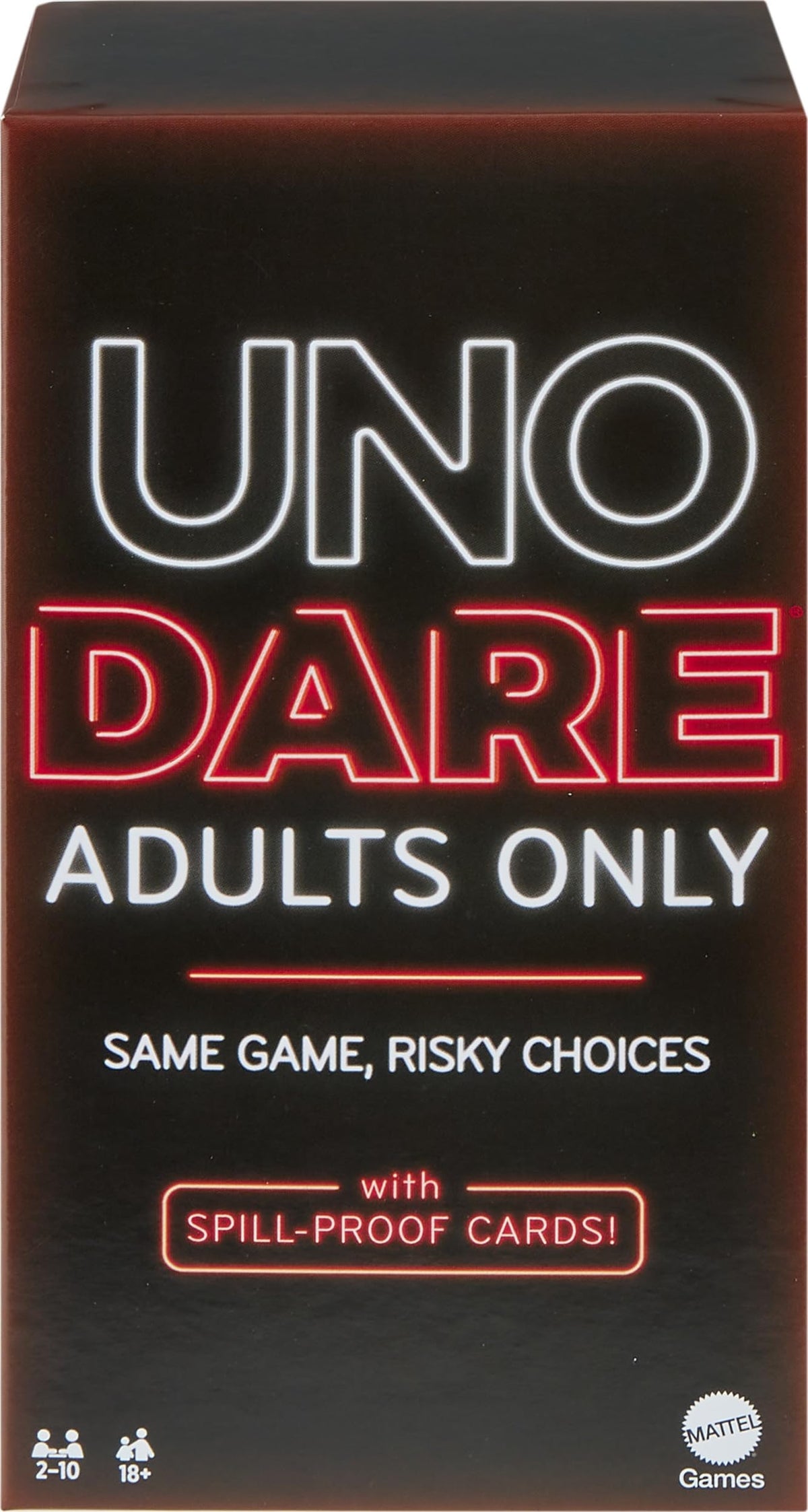 Mattel Games UNO Dare adult deck laid out for game night with spill-proof cards.