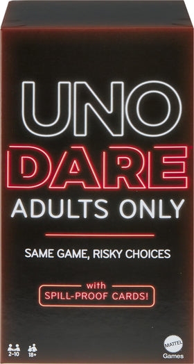 Mattel Games UNO Dare adult deck laid out for game night with spill-proof cards.