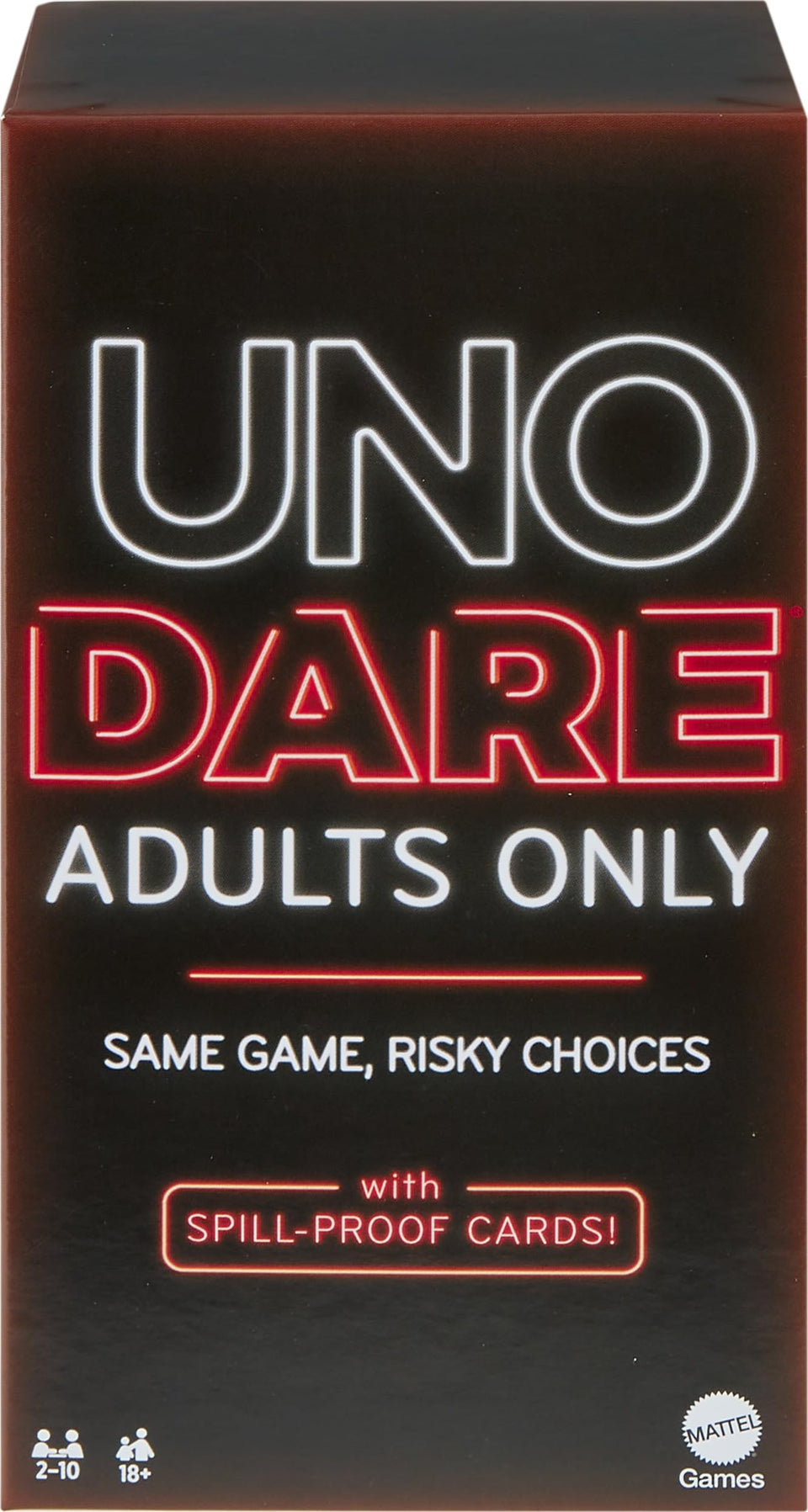Mattel Games UNO Dare adult deck laid out for game night with spill-proof cards.