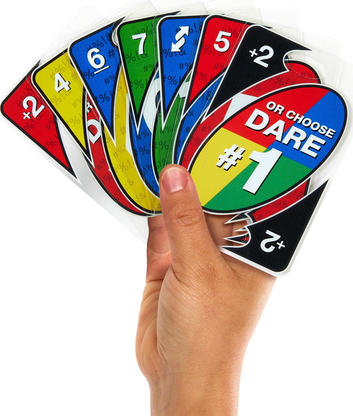 Mattel UNO Dare deck with spill-proof durable plastic cards.