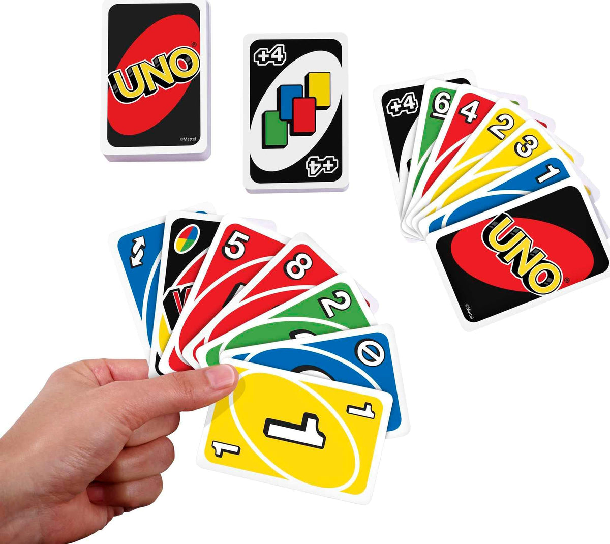 Close-up of Mattel Games UNO-DOS-Skip-Bo cards with bold colors
