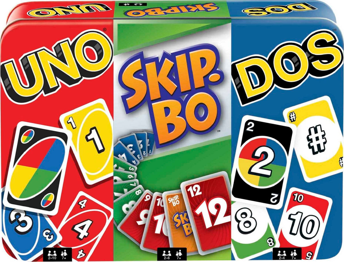 Mattel Games UNO-DOS-Skip-Bo travel tin open for on-the-go family play