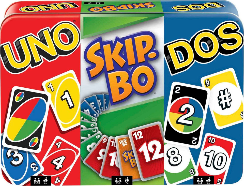 Mattel Games UNO-DOS-Skip-Bo travel tin open for on-the-go family play
