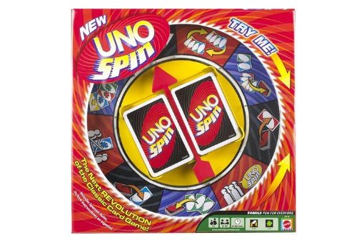 Mattel Games UNO Spin packaging with instructions for quick setup.
