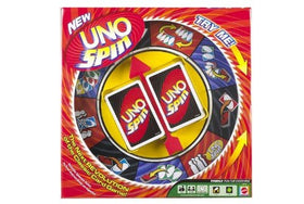 Mattel Games UNO Spin packaging with instructions for quick setup.