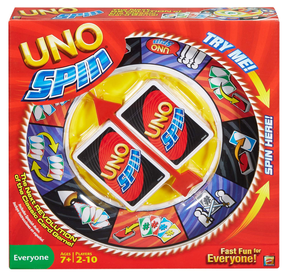 Mattel Games UNO Spin wheel boosts fast-paced turns for family game night.