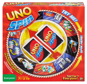 Mattel Games UNO Spin wheel boosts fast-paced turns for family game night.
