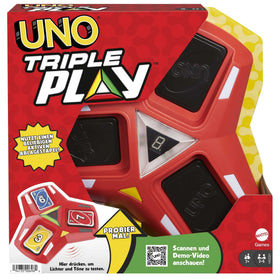 Mattel Games UNO Triple Play front view shows three active discard piles for dynamic play