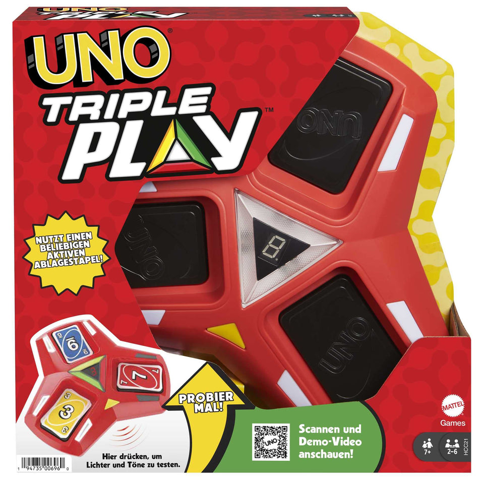 Mattel Games UNO Triple Play front view shows three active discard piles for dynamic play
