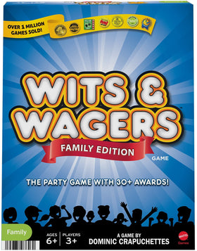 Mattel Games Wits & Wagers Family Edition question cards for playful prompts