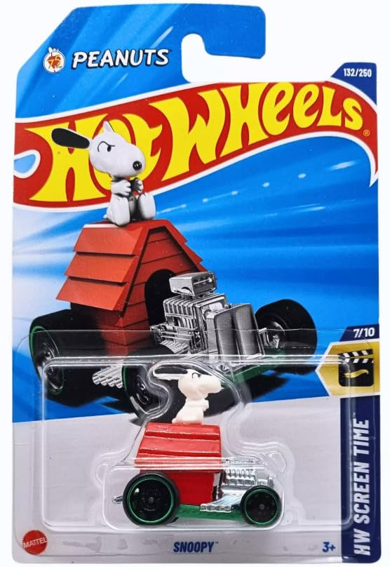 Mattel Hot Wheels Snoopy die-cast car showcases Snoopy styling, ideal for display or collection.