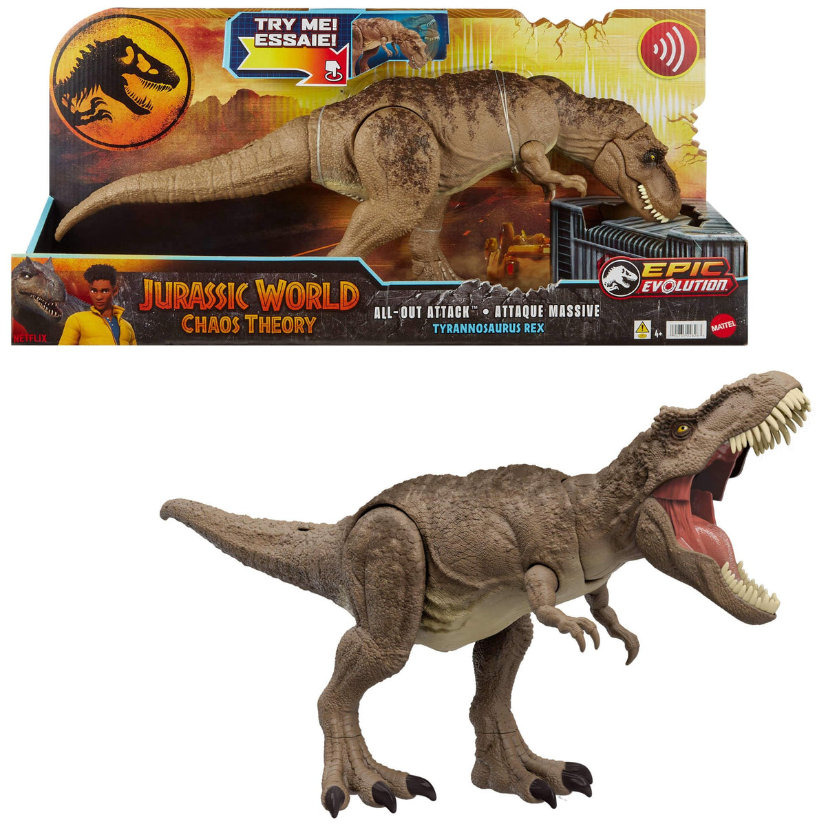 Mattel Jurassic World All-Out Attack T-rex neck-thrash action fuels immersive play.