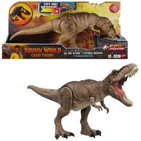 Mattel Jurassic World All-Out Attack T-rex neck-thrash action fuels immersive play.
