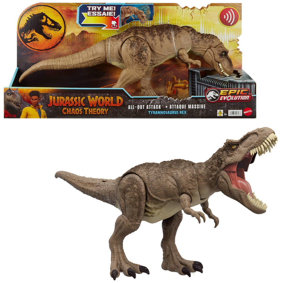 Mattel Jurassic World All-Out Attack T-rex neck-thrash action fuels immersive play.
