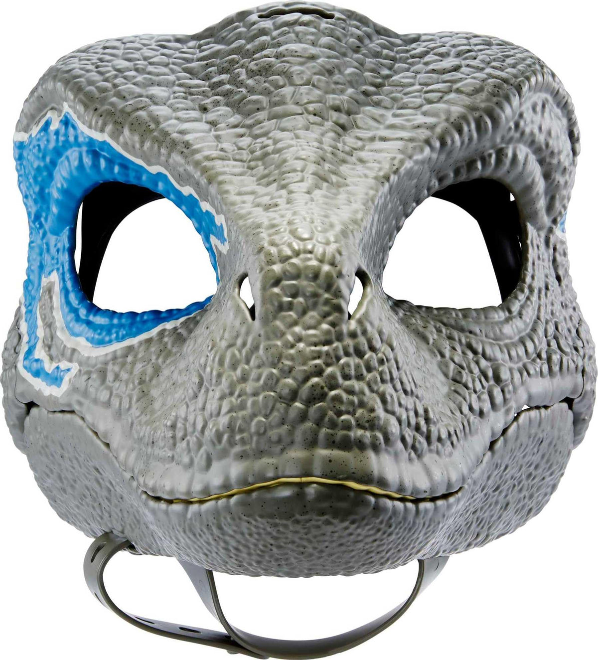 Mattel Jurassic World blue mask features secure strap and eye openings for comfortable visibility.