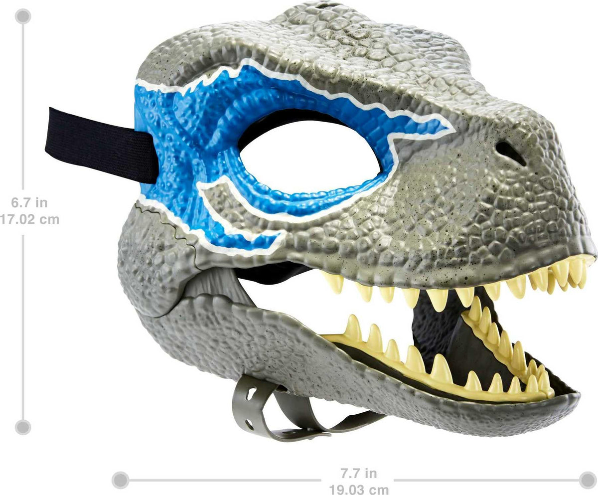 Mattel Jurassic World blue mask shows skin texture and color details for movie-inspired cosplay.