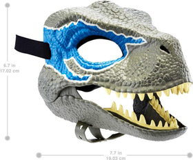 Mattel Jurassic World blue mask shows skin texture and color details for movie-inspired cosplay.