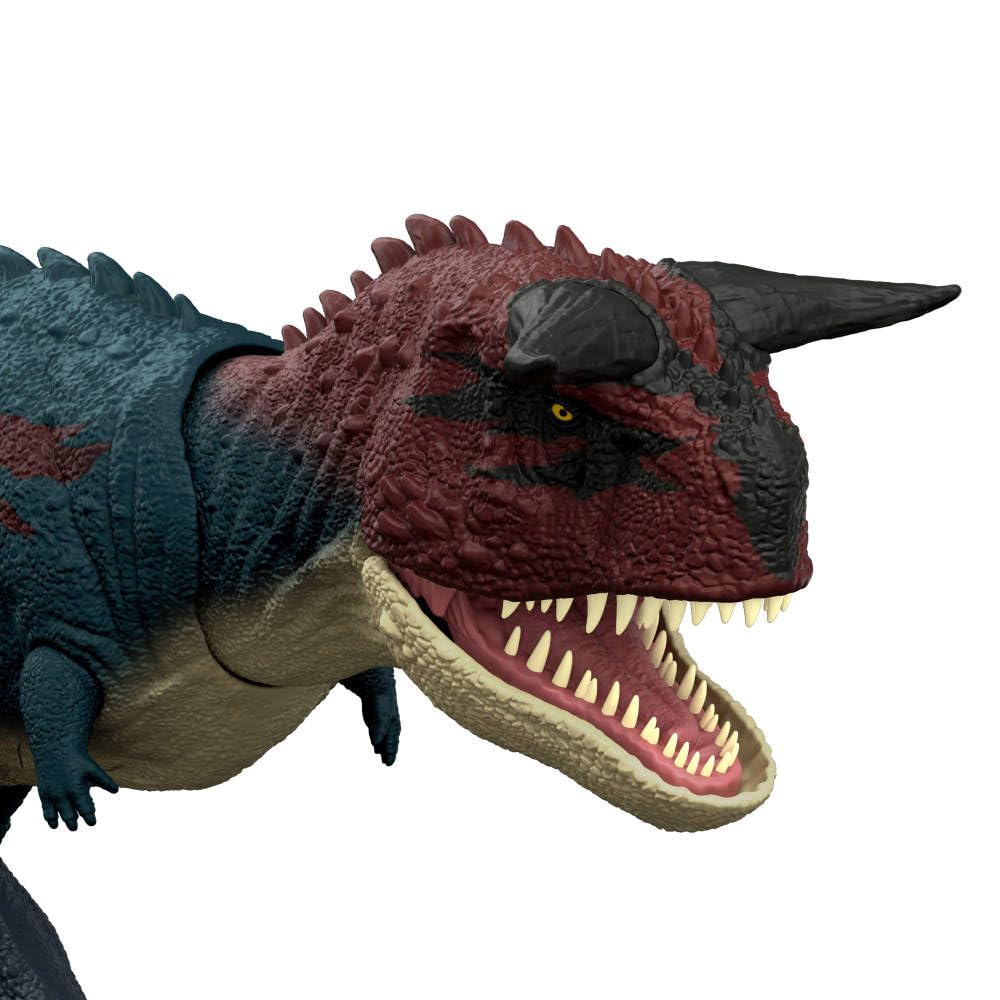 Mattel Jurassic World Carnotaurus AR-ready scene connects to digital play via app.