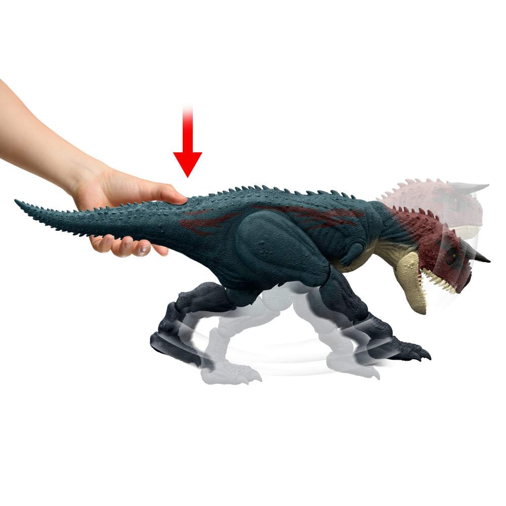 Mattel Jurassic World Carnotaurus offense-defense pose enhances storytelling play.