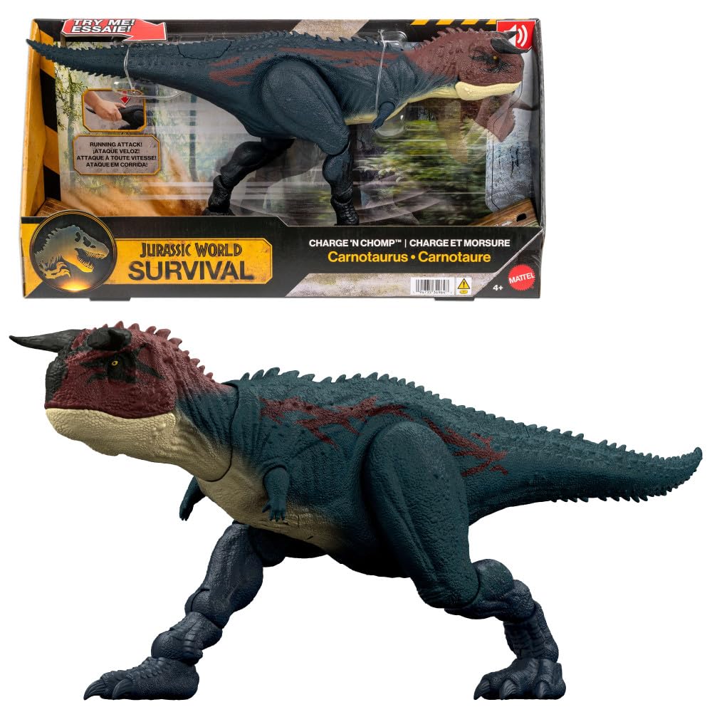 Mattel Jurassic World Carnotaurus running action for dynamic imaginative play.