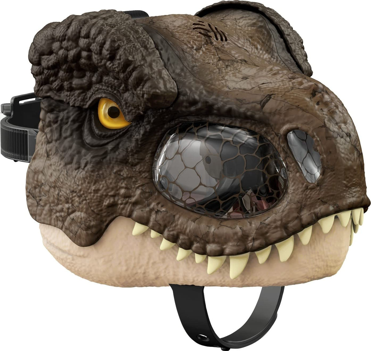 Mattel Jurassic World Dominion Chomp N Roar mask front view with realistic T. rex details for immersive play
