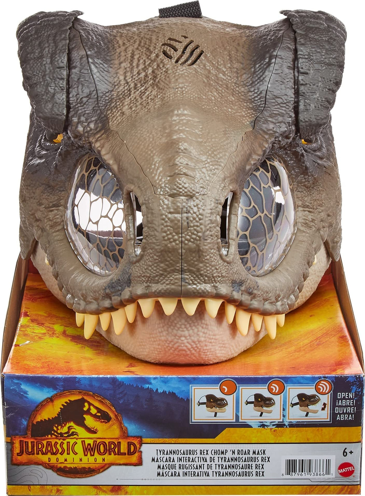 Mattel Jurassic World Dominion Chomp N Roar mask close-up skin texture for authentic look