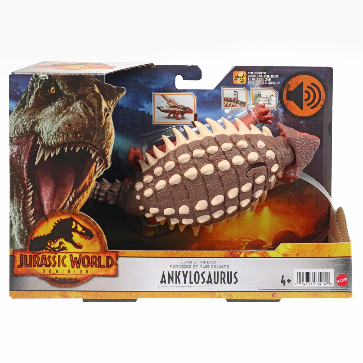 Mattel Jurassic World Dominion Roar Strikers Ankylosaurus designed for kids ages four and up.