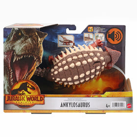 Mattel Jurassic World Dominion Roar Strikers Ankylosaurus designed for kids ages four and up.