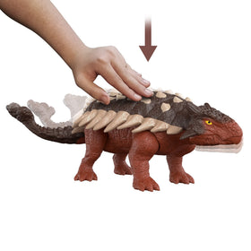 Mattel Jurassic World Dominion Roar Strikers Ankylosaurus with hidden DNA code AR feature demo.