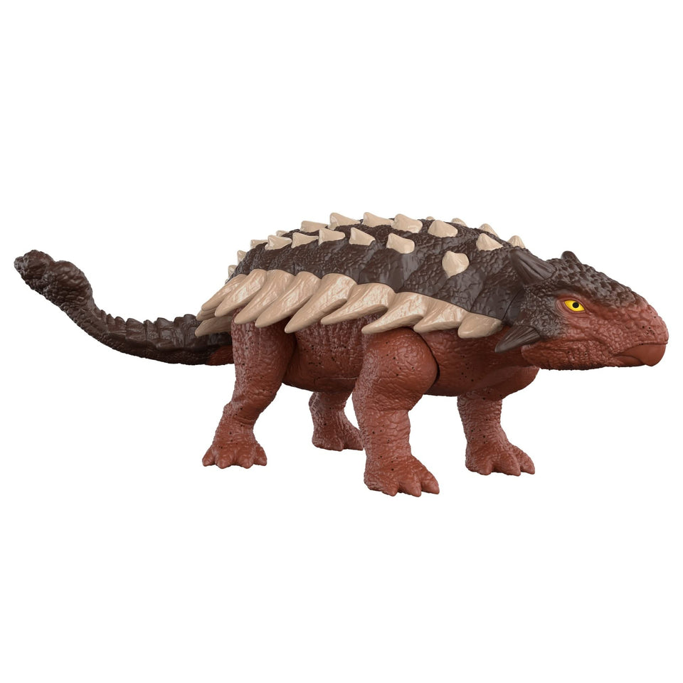 Mattel Jurassic World Dominion Ankylosaurus in dynamic head-on pose with roaring action.