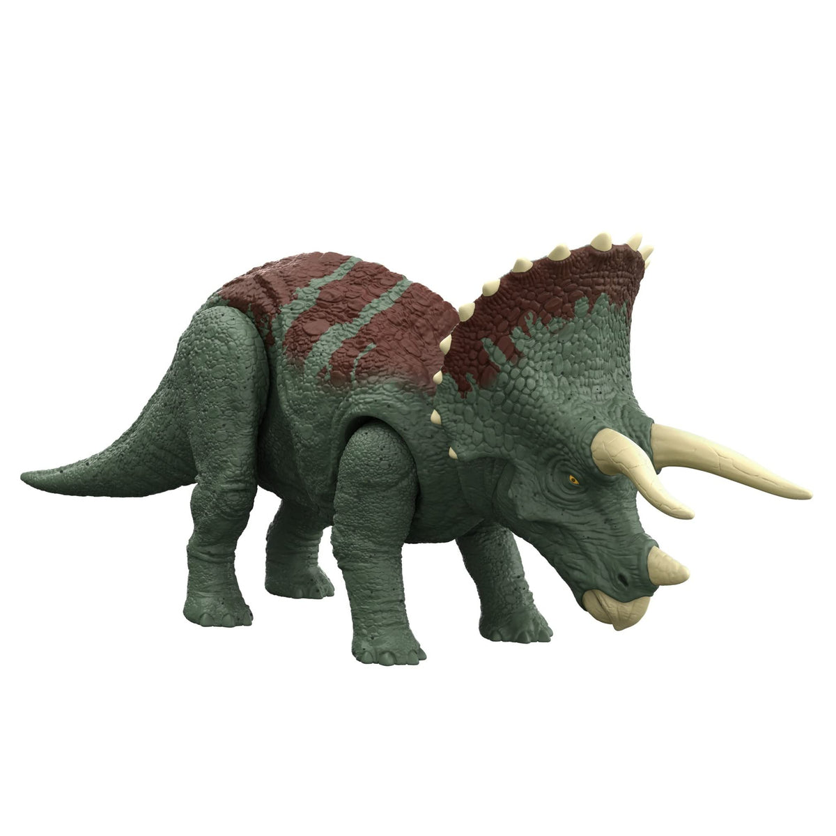 Mattel Jurassic World Roar Strikers Triceratops figure in dynamic pose for action play.