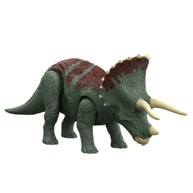 Mattel Jurassic World Roar Strikers Triceratops figure in dynamic pose for action play.