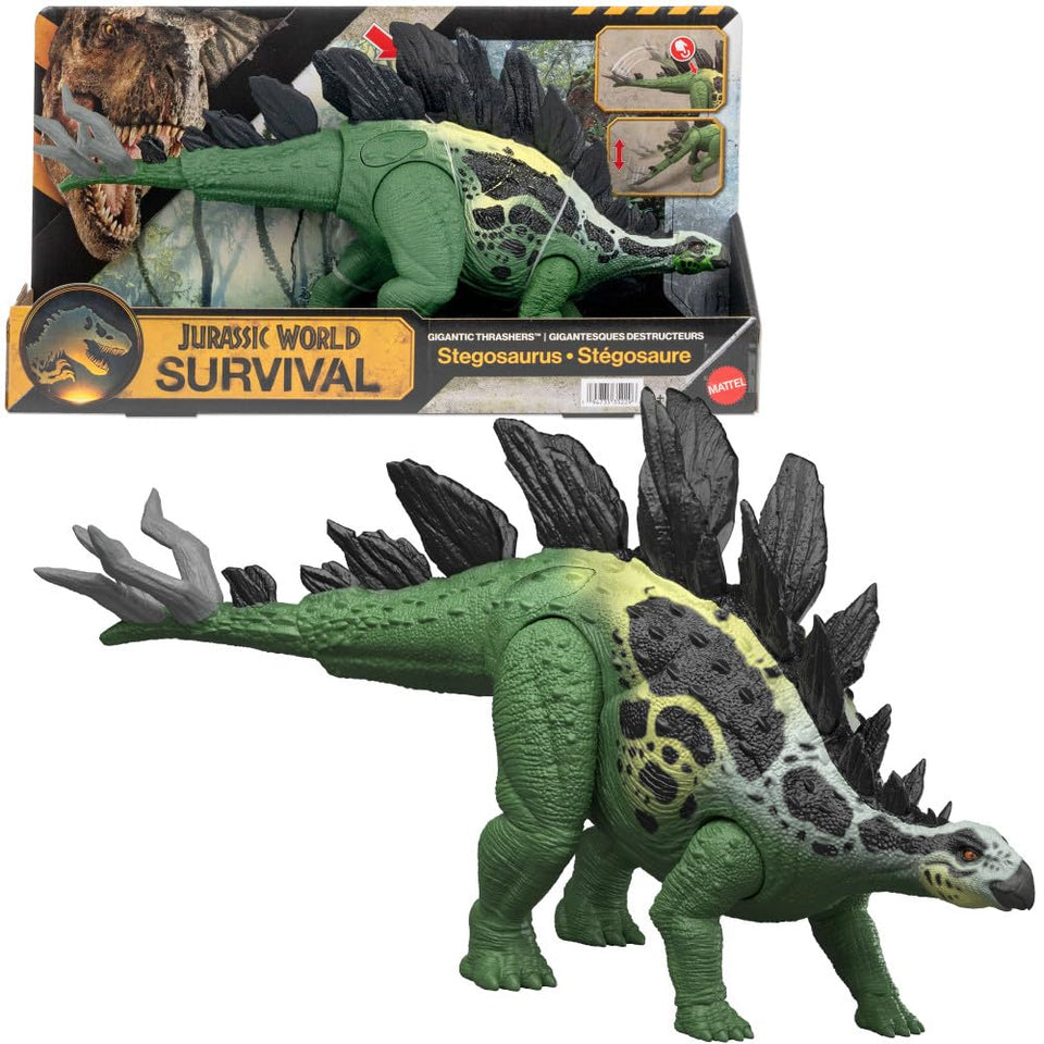 Mattel Jurassic World Gigantic Thrashers Stegosaurus side-swipe attack in action for dynamic battles