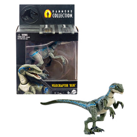 Mattel Jurassic World Blue Velociraptor figure with premium glass eyes for display and posing.